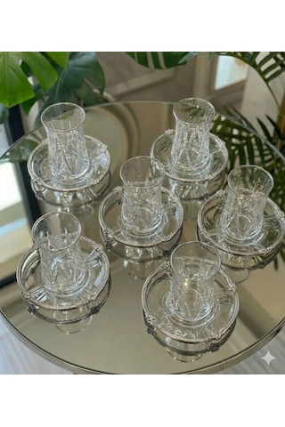 12 Parça 6 Kişilik Kristal Kesim Cam Çay Takımı Bardak Ve Tabak Seti Beyaz