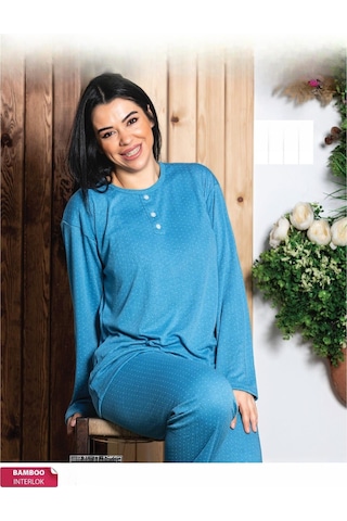 Sude Kadın Bambu İnterlok Büyük Beden Uzun Kol Yakası Düğmeli Pijama Takımı A939/15 - 1 Adet 001