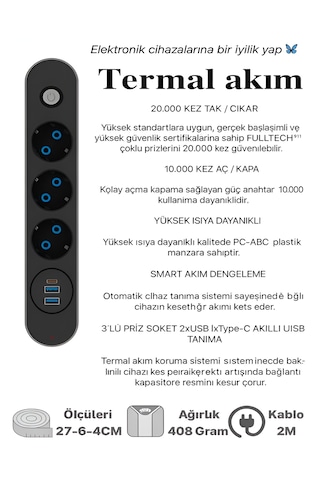 Ftr 2500w Termal Akım Korumalı 3 Lü Priz 2 Usb, 1 Type-c, Sigortalı Çoklayıcı, 2 M Kablo 0.2 M