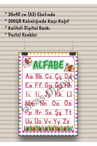 Alfabe Afişi Eğitici Çocuk Posteri Okul Öncesi İlkokul Sınıf Duvar Panosu Öğretmen Materyali 30x42cm A3 Kalın Kuşe Kağıt