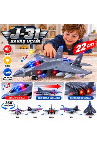 Oyuncak Uçak Fighter Power J31 Gri Renkli Sesli-ışıklı Metal Gövde Çek-bırak Askeri 21 Cm