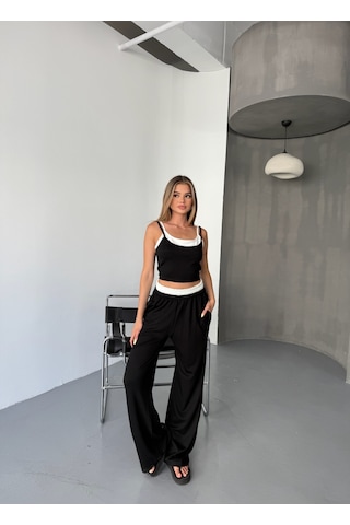 Kadın Çift Kat Detaylı Modal Dokulu Alt Üst Takım Siyah