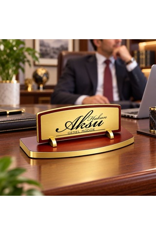 Bk Gift Kişiye Özel Ahşap Masa İsimliği Gold Plakalı Bk27 -2 Çok Renkli