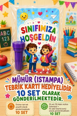 10 Adet Okula Yeni Başlayan Öğrencilere Sınıfımıza Hoşgeldin Yazılı Hediye Seti 1.sınıf-hatırası Mühür Istampa Tebrik Kartı Hediyeli
