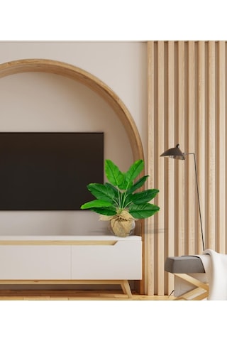 Yapay Çiçek Keten Hasır Saksıda Yeşil Muz Yapraklı 12dal 50cm Salon Çiçeği Yapay Bitki