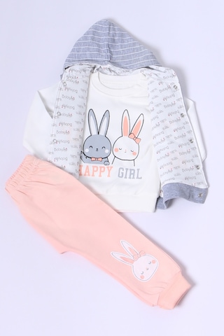 Kız Bebek Yelekli Takım Kapşonlu Çıtçıtlı Tavşan Baskılı A15 Yavruağzı