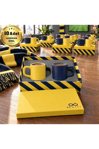 Logonuza Özel 10 Adet Kutulu Sarı Lacivert Taraftar Temalı Seramik 2'li Fincan Seti Çok Renkli