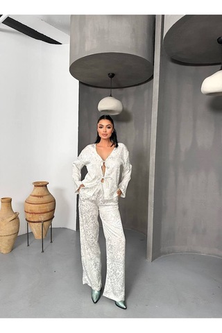 Kechi Woman Leopar Desenli Bağlamalı Saten Takım Beyaz