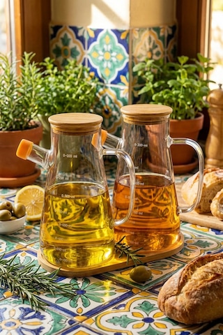 Makri Home 2'li 900 Ml Bambu Kapaklı Ve Altlıklı Borosilikat Cam Yağlık/sirkelik/sosluk Şeffaf