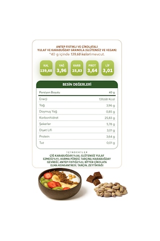 Glutensiz Fabrika Antep Fıstıklı ve Çikolatalı Yulaf Karabuğday Granola 300 G
