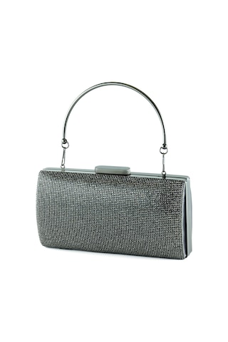 Erkan Saçmacı Antrasit Saten Kristal Taşlı Metal Saplı Abiye El Çantası Antrasit