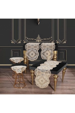 Salon Takımı 5 Parça Dantelli Masa Örtüsü Runner Seti Alya Model - Gold Çok Renkli