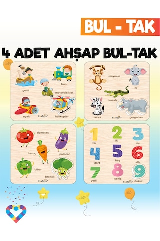 Eğitici 4 Adet Bul-tak Oyuncak Orman Hayvanları, Taşıtlar, Sebzeler Ve Rakamlar