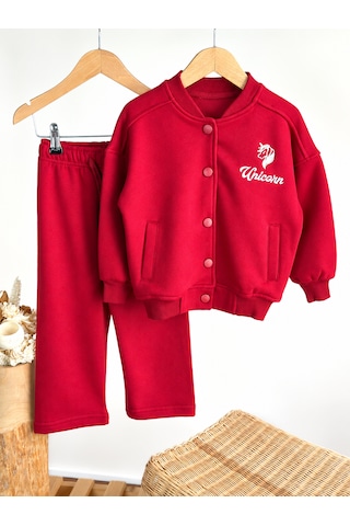 Elzo Collection Unisex Çocuk Unicorn Nakış İşlemeli Bordo Kolej Ceket Eşofman Alt Üst Takım