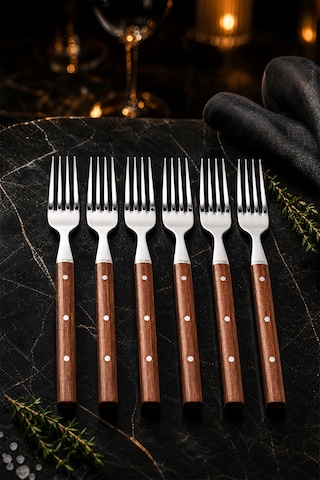 Hand Caft Serisi Mutfak Bıçak Çatal Seti Gül Sap 6'lı Steak Et Kahvaltı Yemek Çatalı Mft-4527