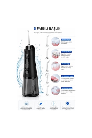 Robeve Auhma Amf11 Şarjlı Ağız Duşu 320ml Su Hazneli 4 Modlu Ipx7 Su Geçirmez Type-c Hızlı Şarjlı 5 Başlıklı Profesyonel Ağız Ve Diş Temizleme Cihazı Siyah