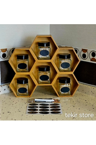 6'lı Baharatlık Takımı Ahşap Bambu Eskitme Standlı Petek Model Bambu