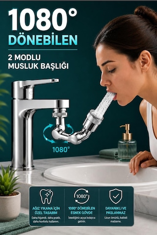 1080 Derece Dönebilen 2 Modlu Mutfak Musluk Başlığı Banyo Musluk Ucu Evrensel Fonksiyonlu Başlık Gümüş