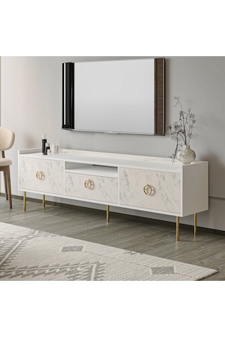 T0015 Lidya Kapaklı, Açık Raflı Tv Sehpası - Beyaz/mormo Beyaz Mermer Beyaz/mormo Beyaz Mermer