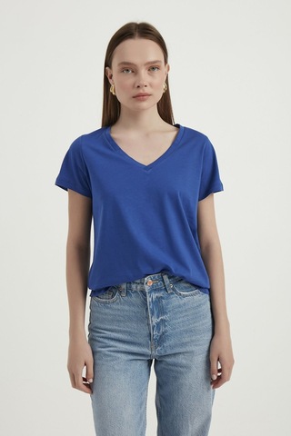 Hiccup V Yaka Temel T-shirt Kobalt Mavisi
