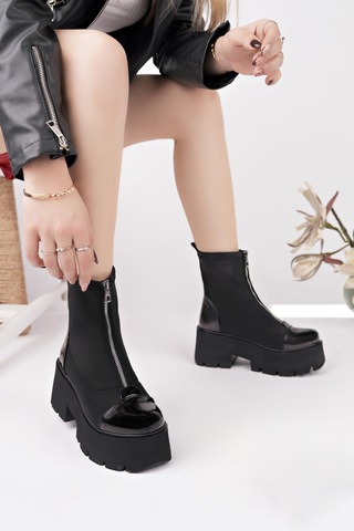 Nesilshoes Nesil Shoes Carel 606 Siyah Rugan Garnili Platform Kadın Bot
