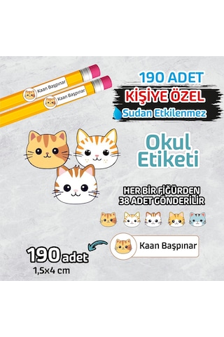 Okul Etiketi Isme Özel Kalem Defter Etiketi Sevimli Kediler -190 Adet Çok Renkli
