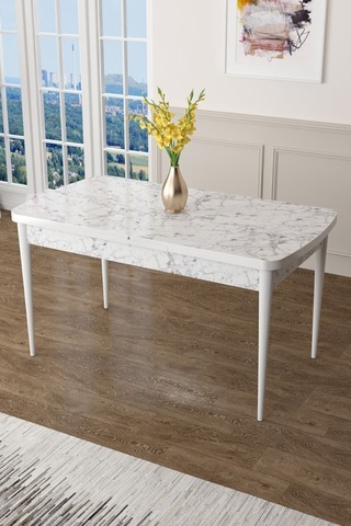 Canisa Concept Zen Serisi 80x132 Mdf Açılabilir Beyaz Mermer Desen Masa Takımı Ve 6 Kahverengi Sandalye Masa Beyaz/sandalyeler Kahvrerengi