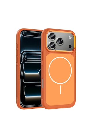 Apple Uyumlu iPhone 17 Pro Kılıf M-safe Şarj Özellikli Metal Kamera Çerçeveli Sanremo Silikon Kılıf Turuncu