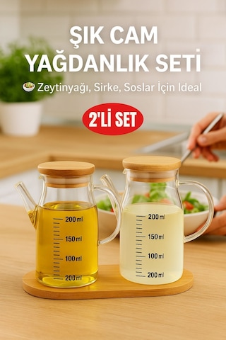 2 Li Cam Yağlık Sirkelik Seti 200 Ml Ölçülü Borosilikat Cam Yağdanlık + Bambu Stand Diğer