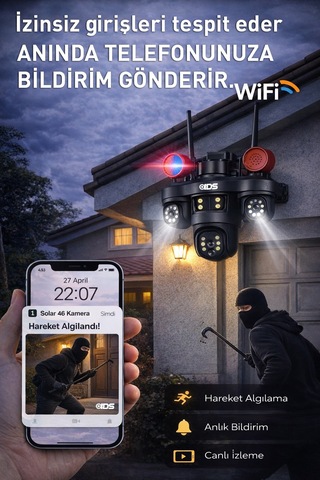 9mp Tam Hareketli 3 Kameralı Wifi Güvenlik Kamerası - Çakar Led -sirenli