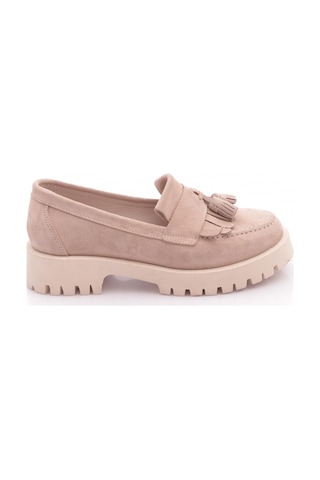 Dgn 2840 Kadin Kalin Taban Püsküllü Loafer Ayakkabi Bej Süet