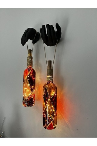 Heykel Siyah El Dekorlu Led Işıklı Kahve Vitray Cam Şarap Şişesi Çok Renkli
