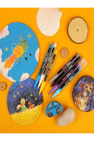 12 Renk Akrilik Markör Keçeli Kalem 1 Adet 12 Li Acrylic Paint Marker Taş Cam Metal Seramik Plastik Tuval Ahşap 0.5 Cm