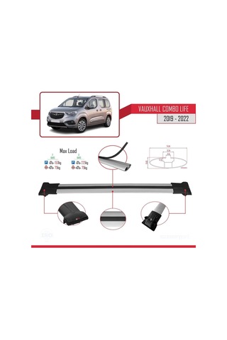 Vauxhall Combo Life 2019-2022 Arası İle Uyumlu Fly Model Ara Atkı Tavan Barı Gri