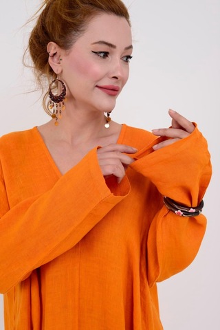 İtalyan V Yaka Uzun Kol Keten Elbise-8907 Oranj