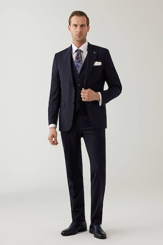 Erkek Lacivert Sivri Yaka Slim Fit Yelekli Takım Elbise