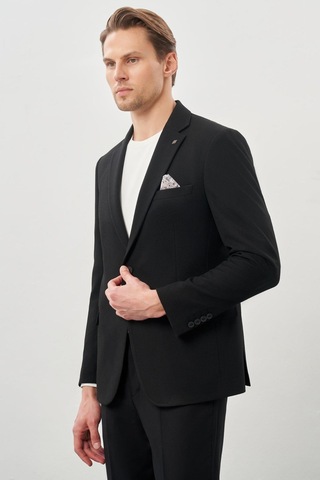 İmza Siyah Gabardin Mono Yaka Tam Astar Esnek 6 Drop Slim Fit Casual Ceket 1002245162 Siyah