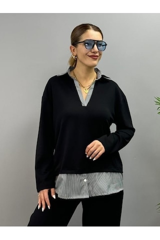 Sensuelle Polo Yaka Gömlek Detay Salaş Balon Pantolunlu Ikılı Takım Siyah