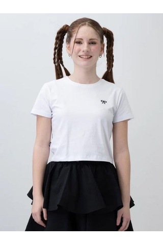Zekids Kız Çocuk Pamuklu Fiyonk İşlemeli Tshirt-15789 Ekru