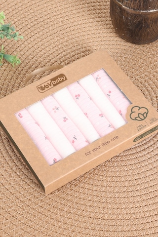 Vavbaby 7 Li Bebek Ağız Mendili Seti %100 Pamuk, Yumuşak Ve Emici Pembe Çiçekli Pembe