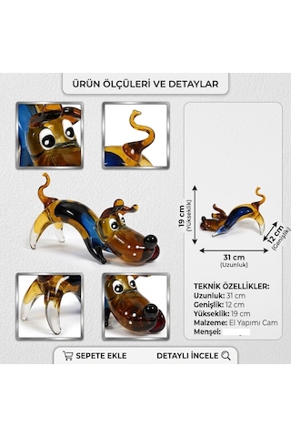 El Yapımı Murano Cam Köpek Figürü - Dekoratif Lüks Cam Biblo 31x12x19 Cm -