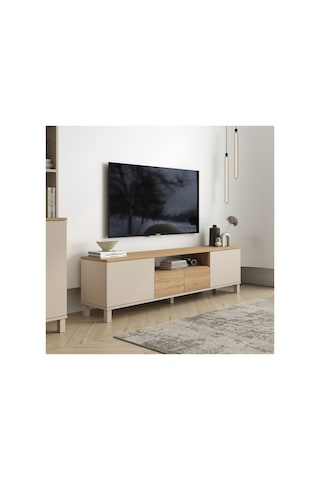 Mood Tv Ünitesi Sehpası 2 Kapaklı 2 Çekmeceli Ahşap Ayaklı 180cm Kumsal-sepet Md1-cs Bej