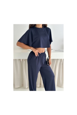 Gugus Yazlık Takım - Alt Üst Kadın Dokulu Kumaş -baggy Pantolon + Salaş Üst Lacivert