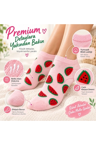 Womanandkids Wak Kadın Karpuz 3'lü Desenli Patik Çorap Pamuklu Dikişsiz Sneaker Uyumlu Eğlenceli Yazlık Set Çok Renkli