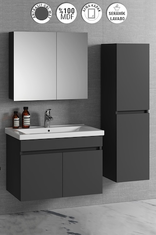 Çiğdem 80+35 Cm Antrasit Gri Mdf Lavabolu Asma Banyo Dolabı Takım Antrasit - Gri