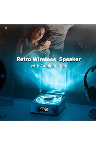 Retro Pikap Hoparlör Kablosuz Bluetooth Plak Tarzı Çalar Stereo Ses Rgb Projeksiyon Lambası Etkili