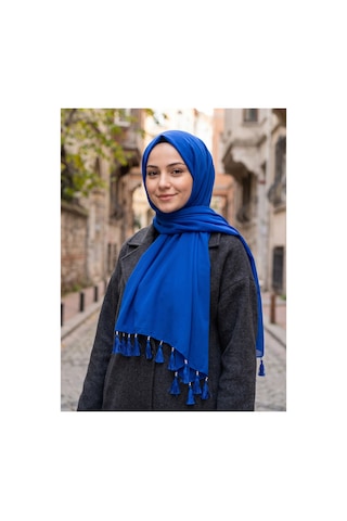 Umttrend Pamuklu Boncuklu Püsküllü Kadın Yazma Eşarp 110x110 Cm Lacivert