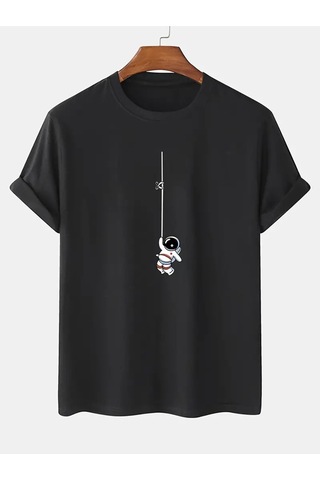 Flood Of Style Unisex Siyah İpte Astronot Baskılı Oversize