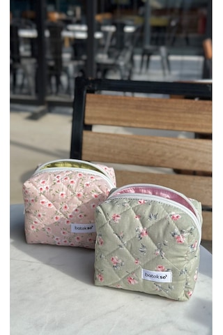 Batekso 2'li Pembe Ve Yeşil Çiçek Desenli Makyaj Çantası  Küçük Boy