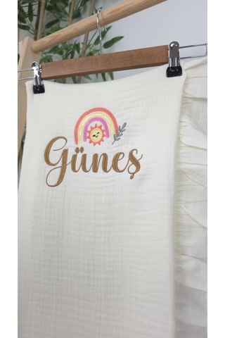 Gros Shop Müslin Yeni Doğan 4katlı Organik %100pamuk Kişiye Özgü Nakışlı Hastane Çıkış Seti Gökkuşağı Model-3 Ekru